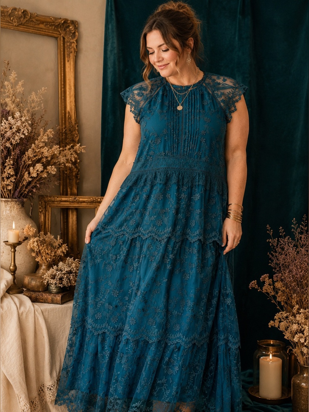 Sundance Loren Lace Dress Size 14 Teal Embroidered Tiered Maxi Boho Romantic
